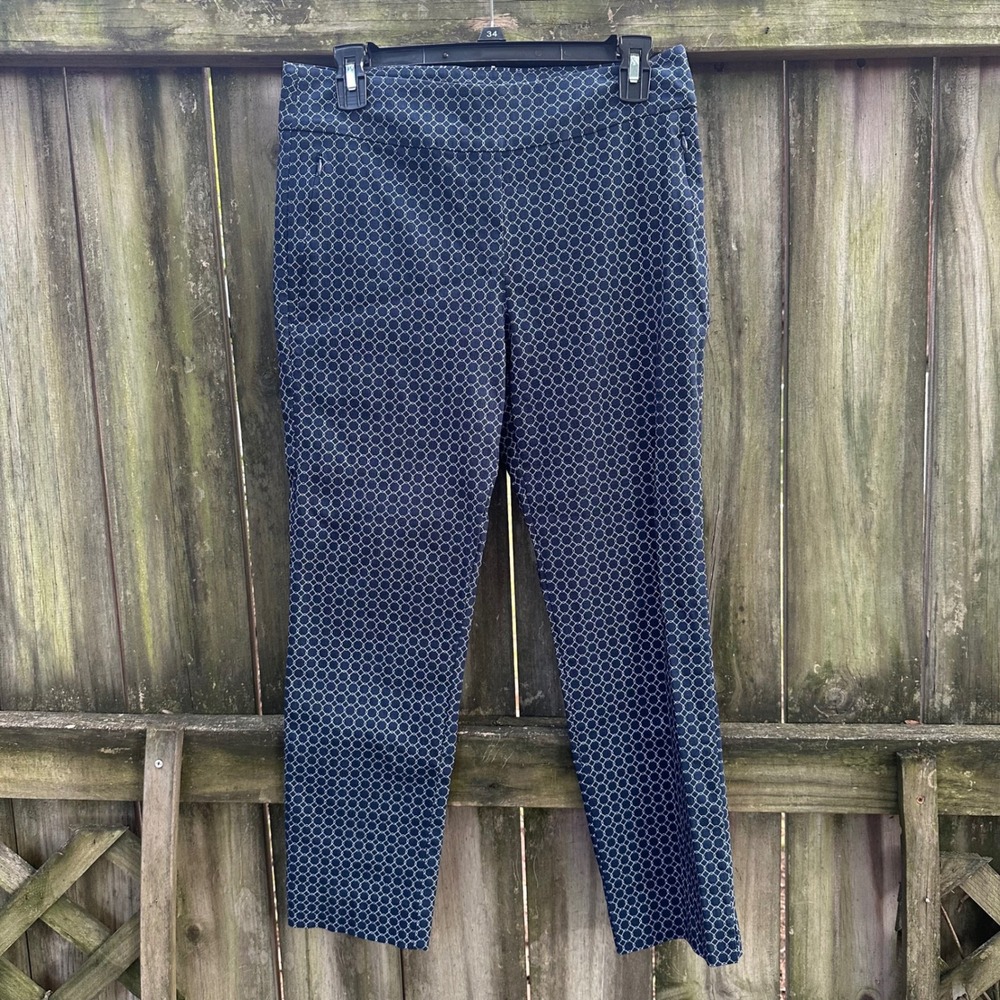 Margaret M Slimming Pant Navy Blue White Geometric Chain Link Stretch Sz Medium